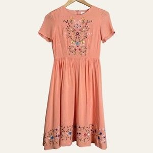 Clad & Cloth ASOS Dress Embroidered Peach Skater Floral‎ Cotton Size XS Women